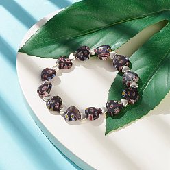 Purple Handmade Millefiori Lampwork & Alloy Heart Beaded Stretch Bracelet, Flower Bracelet for Women, Purple, Inner Diameter: 1-7/8 inch(4.8cm)
