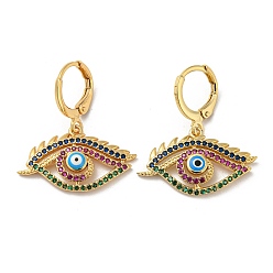 Colorful Golden Brass Dangle Leverback Earrings, with Enamel and Cubic Zirconia, Evil Eye, Colorful, 28x25mm