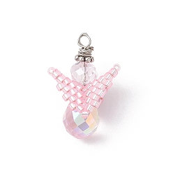 Pink Стеклянные подвески, ангел, со стеклянным бисером и медной проволокой, граненые, розовые, 22.5x15x11 мм, отверстие : 1.6 мм