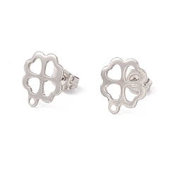 Stainless Steel Color Non-Tarnish 201 Stainless Steel Stud Earring Findings, with 304 Stainless Steel Pins, Horizontal Loops and Ear Nuts, Clover, Stainless Steel Color, 12x10mm, Hole: 1.2mm, Pin: 0.8mm