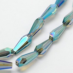 Dark Cyan Faceted Rainbow Plated Teardrop Electroplated Glass Beads Strands, Dark Cyan, 10x4mm, Hole: 1mm, about 60pcs/strand, 23.6 inch