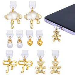 Золотой 6шт 3 стиль пластиковые мобильные пылезащитные заглушки, с подвесками из сплава эмали и смолы, бантом, золотые, 22~37 мм, 2 шт / стиль