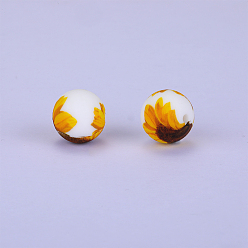 Yellow Printed Round with Sunflower Pattern Silicone Focal Beads, Yellow, 15x15mm, Hole: 2mm