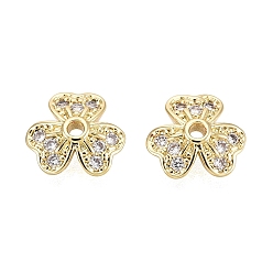 Настоящее золото 18K Колпачки для бусин из прозрачного кубического циркония из латуни, клевер, реальный 18 k позолоченный, 7.5x8x2.5 мм, отверстие : 1~1.2 мм