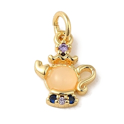 Другие Латунные подвески из цветного стекла с микропаве и кубическим цирконием, без кадмия, без никеля и без свинца, реальный 18 k позолоченный, чайник, 13x9.5x2.8 мм, отверстие : 3.2 мм