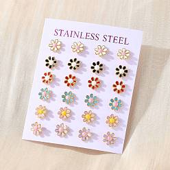 (52) Непрозрачная лаванда 304 серьги из нержавеющей стали эмаль, с 316 булавкой из хирургической нержавеющей стали и блестящей пудрой, золотые, цветок ромашка, разноцветные, 8x8x1.5 мм, штифты : 0.8 мм