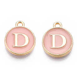 Pink Initial Letter A~Z Alphabet Enamel Charms, Flat Round Disc Double Sided Charms, Golden Plated Enamelled Sequins Alloy Charms, Pink, 14x12x2mm, Hole: 1.5mm, 26pcs/set