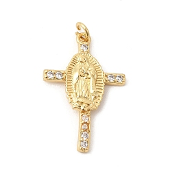Настоящее золото 18K Латунные микропаве прозрачные подвески с фианитом, крест с амулетами девы марии, долговечный, стойки покрытие, без свинца и без кадмия, реальный 18 k позолоченный, 27.5x18x3 мм, Перейти кольцо: 4.5x0.7 мм, внутренний диаметр: 3.1 мм