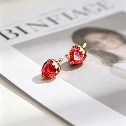 Красный Серьги-гвоздики в форме клубники из латуни и кубического циркония для женщин, золотые, красные, 13x7 мм