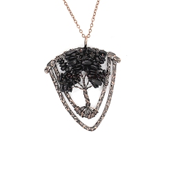 Black Agate Natural Black Agate(Dyed & Heated) Brass Wire Wrapped Pendants, with Alloy Fingdings, Triangle with Tree, Antique Bronze, 53x48mm
