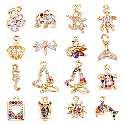 Mixed Shapes 16 шт 16 стили латунные подвески из микропаве с фианитом, реальный 14 k позолоченный, разнообразные, 8.5~20x4.5~19.5x2~3 мм, отверстие : 1~4 мм, 1 шт / стиль