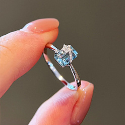 Светло-Голубой 925 кольца из стерлингового серебра с кубическим цирконием, платина, прямоугольник со звездой, Небесно-голубой, размер США 9 (18.9 мм)