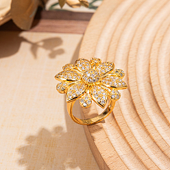 Золотой Кольца для женщин с микропаве из латуни и кубическими цирконами, цветок, золотые, 30x30 мм, внутренний диаметр: 18 мм