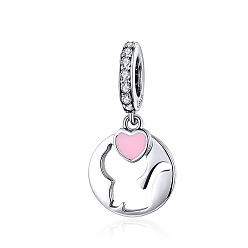 Pink 925 Sterling Silver Enamel Kitten European Dangle Charms, with Cubic Zirconia, Flat Round with Cat, with 925 Stamp, Pink, 21x11mm