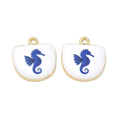 Dark Blue Printed Brass Pendants, Arch with Sea Horse Charms, Rack Plating, Long-Lasting Plated, Lead Free & Cadmium Free, Real 18K Gold Plated, Dark Blue, 22x20.5x3.5mm, Hole: 2.5mm