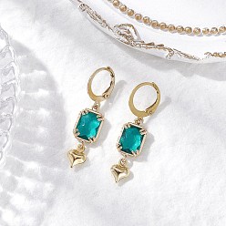 Зеленый Стеклянные серьги с защелкой, 304 из нержавеющей стали выводы Leverback серьги, Прямоугольник с сердцем, золотые, зелёные, 36x9 мм