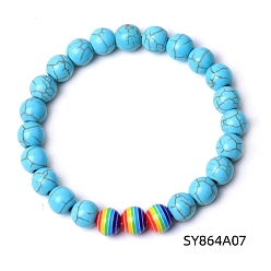 Synthetic Turquoise Synthetic Turquoise & Glass Round Beaded Stretch Bracelet, 7-1/4~7-1/2 inch(18.5~19cm)