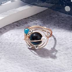 Тигровый глаз Планета натуральный тигровый глаз перстни, женские кольца из медной проволоки, размер США 8 1/2 (18.5 мм)