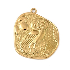 Настоящее золото 18K 304 старинные монеты-кулоны в виде совы из нержавеющей стали, ионное покрытие (ip), реальный 18 k позолоченный, 33x28x2 мм, отверстие : 2 мм