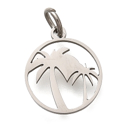 Нержавеющая Сталь Цвет 304 прелести нержавеющей стали, с целью перехода в кольце, плоский круглый с подвеской из кокосовой пальмы, лазерная резка, цвет нержавеющей стали, 14x12x1 мм, отверстие : 3 мм