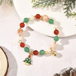 Colorful Alloy Enamel Christmas Tree Charm Bracelets, Natural Green Aventurine & Carnelian & Heated Citrine Round Beaded Stretch Bracelets, Golden, Colorful, Inner Diameter: 1.89 inch(4.8cm)