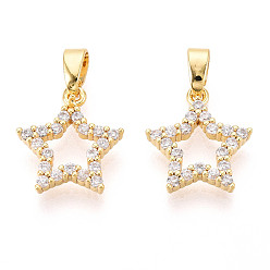 Настоящее золото 18K Латунные микро проложить кубического циркония прелести, без кадмия и без свинца, звезда, реальный 18 k позолоченный, 14x12.5x2.5 мм, отверстие : 5x2 мм