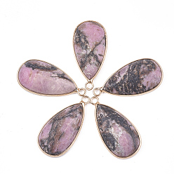 Родонит Природные подвески родонит, с латунной фурнитурой , слеза, золотые, 33x16~16.5x6 мм, отверстие : 2 мм