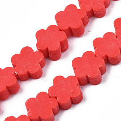 Red Handmade Polymer Clay Bead Strands, Flower, Red, 9~10x9~10x4~4.5mm, Hole: 1.6mm, about 36~40pcs/strand, 13.58 inch~14.57 inch(34.5~37cm)