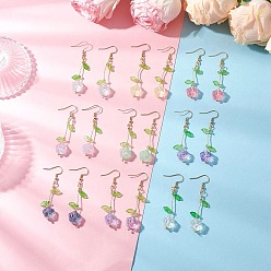 Золотой 9 пары стеклянных висячих сережек в форме цветка, с акриловой, золотые, 60x12 мм