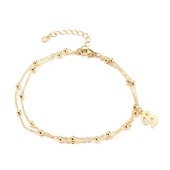 Letter B Double Layer Anklets, with Brass Satellite Chains, 304 Stainless Steel Pendants and Lobster Claw Clasps, Letter, Golden, Letter.B, 9-7/8 inch(25cm), Pendant: 15x9.5x1mm