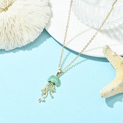 Jellyfish Summer Beach Alloy Enamel Sea Animal Pendant Brass Cable Chain Necklaces, Golden, Sky Blue, Jellyfish, 16.34 inch(41.5cm), Pendant: 36x13mm