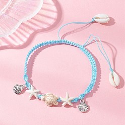 Синий Регулируемые летние пляжные браслеты на лодыжку из синтетических бусин бирюзового цвета, окрашенные в цвет морской звезды или черепахи., с подвесками в форме натуральных раковин каури и раковин из сплава., синие, внутренний диаметр: 2 дюйм (5.1 см) ~ 3-1/2 дюйм (9 см)