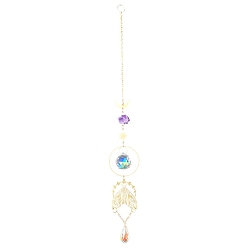 Ring Metal Moth Moon Hanging Ornaments, Glass Tassel Suncatchers for Home Garden Outdoor Decoration, Ring, 310~340mm