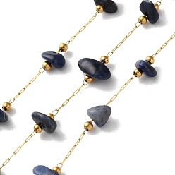 Ляпис-Лазурь 304 цепи из нержавеющей стали ссылка, пайки, с природными лазурита, с катушкой, ионное покрытие (ip), реальный 18 k позолоченный, 3~5.5x3~11.5x1~3.5 мм, около 32.81 футов (10 м) / рулон