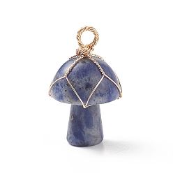 Sodalite Natural Sodalite Pendants, Mushroom Charm, with Light Gold Tone Eco-Friendly Copper Wire Wrapped, 27.5x16mm, Hole: 3mm