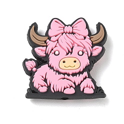 Pink Силиконовые бусины, фокусные бусы, высокогорные коровы с бантом, розовые, 30x29x8 мм, отверстие : 3 мм
