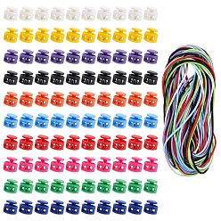 Mixed Color Plastic Spring Cord Locks, with Iron Findings, Elastic Cord, Mixed Color, 17x17x16mm, Hole: 4x6.5mm, 100pcs