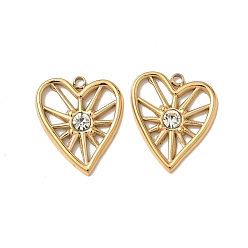 Настоящее золото 18K 304 из нержавеющей стали горный хрусталь подвески, сердце, ионное покрытие (ip), реальный 18 k позолоченный, 18x15.5x2.5 мм, отверстие : 1.6 мм