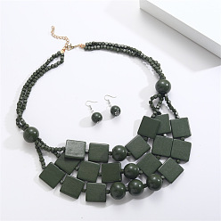 Темно-серый Комплекты из многослойных ожерелий и серег-подвесок из квадратных и круглых бусин из дерева в богемном стиле, золотые, темно-серый, 620 мм