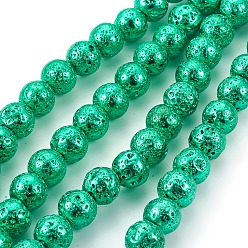 Весенне-зеленый Гальванические бусины из натуральной лавы, круглые, весенний зеленый, 6~7 мм, отверстие : 1 мм, около 61 шт / нитка, 15.55 дюйм (39.5 см)