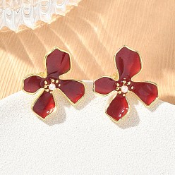 Roja Pendientes de botón de latón esmaltado para mujer, flor, con perlas de imitación de plástico abs, larga duración plateado, chapado en rack, sin plomo y el cadmio, dorado, rojo, 20x18 mm
