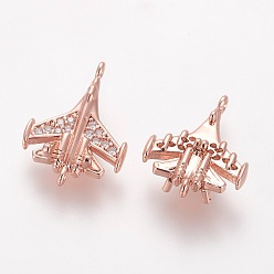 Real Rose Gold Plated Brass Cubic Fighter Airplane Zirconia Links, Long-Lasting Plated, Combat Aircraft, Real Rose Gold Plated, 16x11.8x4mm, Hole: 0.8mm