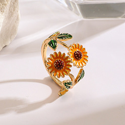 Dark Orange Alloy Enamel Cuff Open Rings, Flower, Golden, Dark Orange, 15~20mm