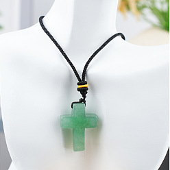 Зеленый Авантюрин Подвеска в виде креста из натурального зеленого авантюрина на черном хлопковом шнурке., 25.20 дюйм (64 см)
