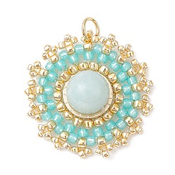 Амазонит Плоские круглые подвески из натурального амазонита, плетенные подвески из японского бисера ручной работы, 27.5~28x25~25.5x8.5 мм, отверстие : 3.5 мм