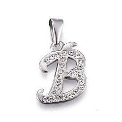 Letter B 304 Stainless Steel Pendants, with Rhinestone, Letter, Letter.B, 21x16x2mm, Hole: 3~3.5x7.5~8mm