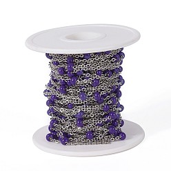 Purple 304 Stainless Steel Handmade Beaded Chains, with Glass, with Spool, Stainless Steel Color, Purple, 7~7.5x4~5mm, about 32.8 Feet(10m)/roll