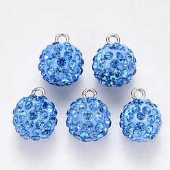 Свет Сапфира Подвески со стразами из полимерной глины, с железной петлей с платиновым покрытием, круглые, проложить диско-шар, света сапфир, С. 16 (2.2~2.3 мм), 15x12 мм, отверстие : 2 мм