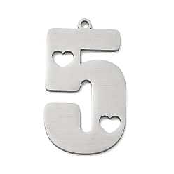 Stainless Steel Color 201 Stainless Steel Pendants, Number 5 with Heart Cutouts Charms, Stainless Steel Color, 27x15x1mm, Hole: 1.5mm