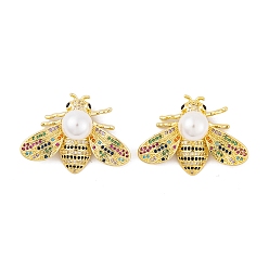 Разноцветный Латунные микро проложить кубического циркония подвески, без кадмия, без никеля и без свинца, с абс бисера, реальный 18 k позолоченный, пчела прелести, красочный, 25x35x15 мм, отверстие : 4x1.5 мм